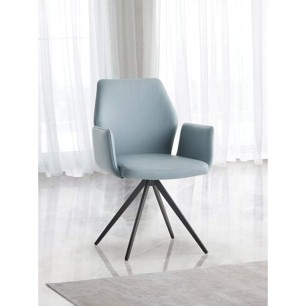 Light Blue Leather & Black Finish Arm Chair W/Swivel