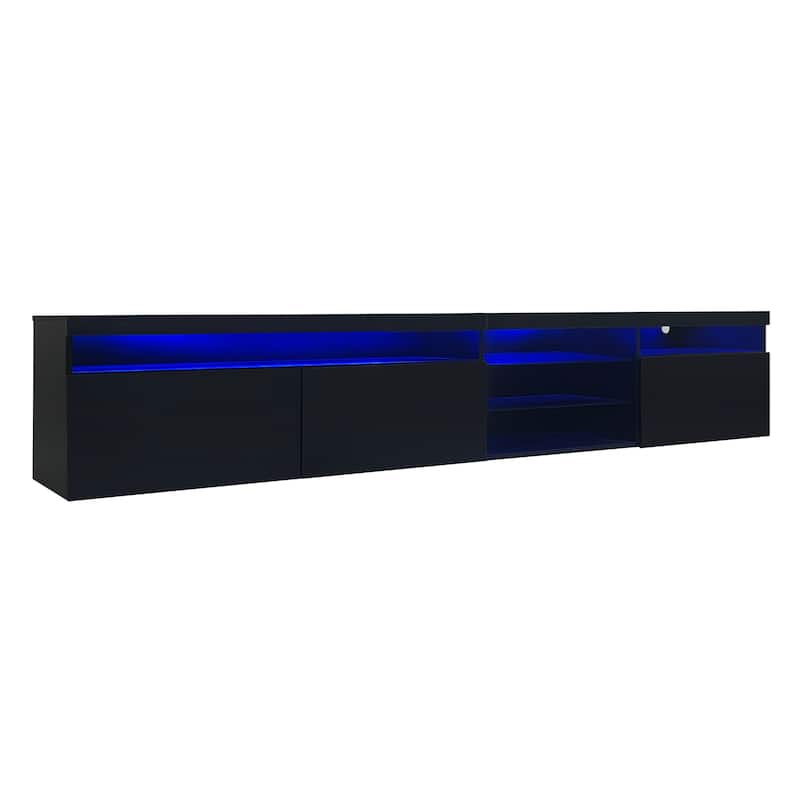 Black 94" TV Stand with Glass Shelves & LED for TVs Up to 105"