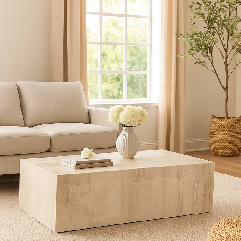 Rey Cocktail Coffee Table, 48 Inch Rectangular Natural Beige Marble Body