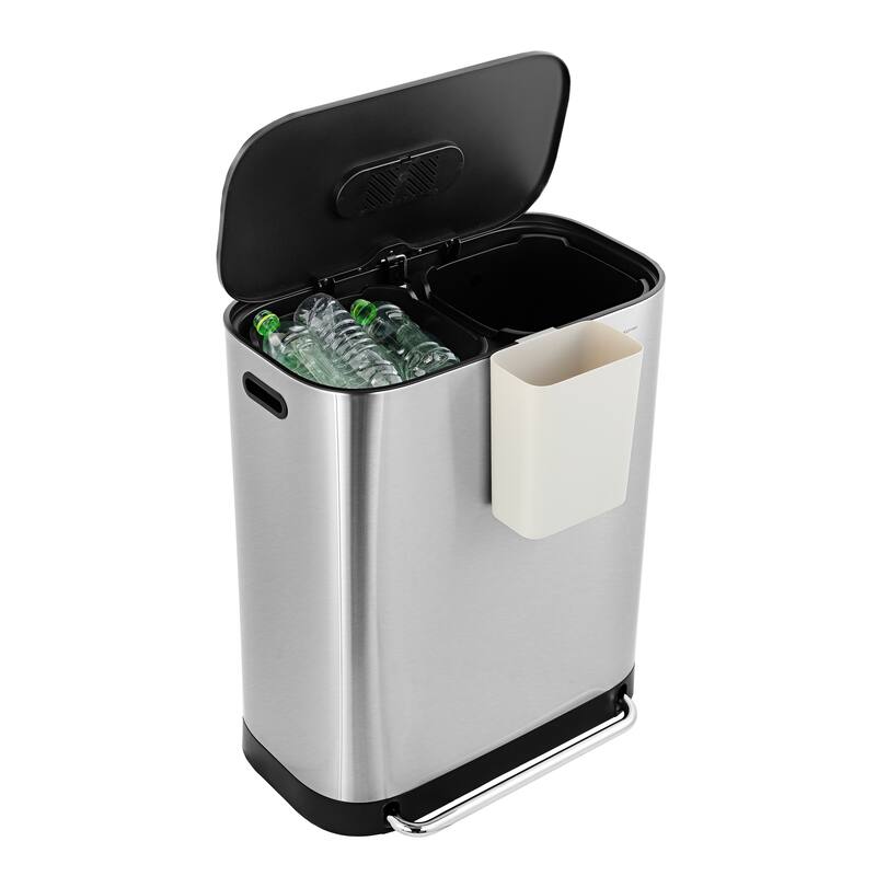 happimess Beni Kitchen Trash/Recycling 16-Gallon Double-Bucket Step-Open Trash Can, Chrome
