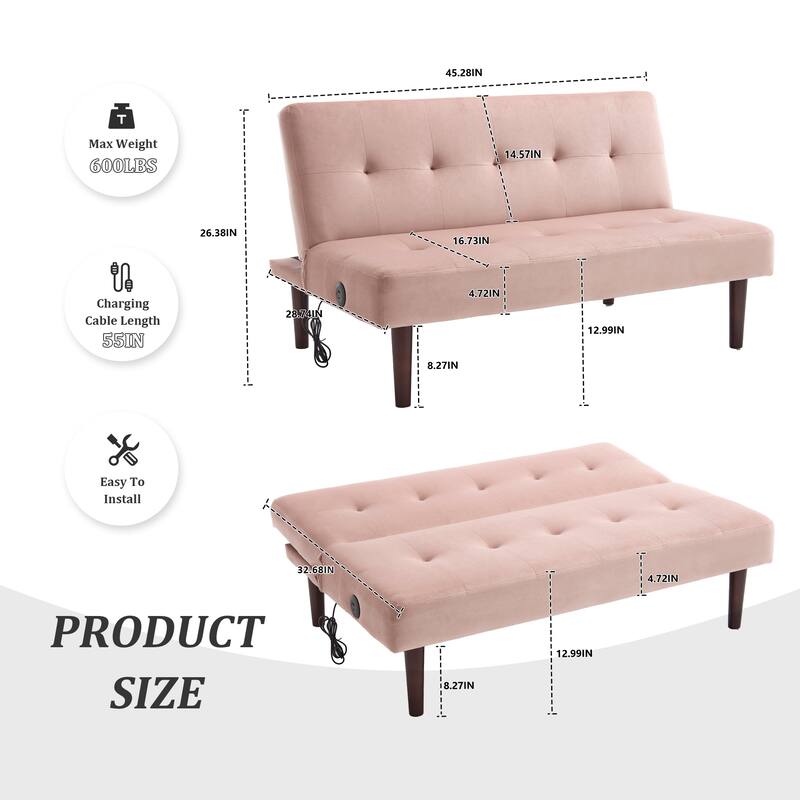 Foldable Fashion Sofa Bed High End Flannel Fabric Back Adjustable Sofa Recliner Futon, Modern Fashion Sofa with Charging Port