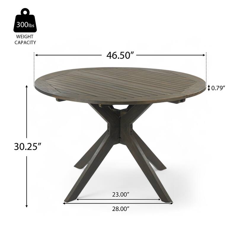 Roomfitters Stanford Outdoor Round Acacia Wood Dining Table with X-Base, Slat Top, Grey