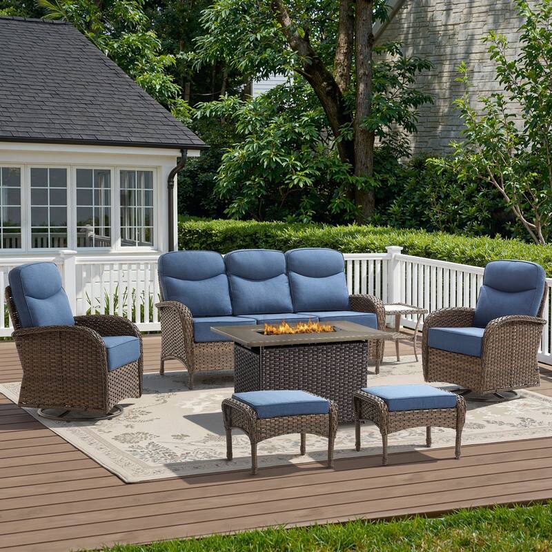 Luna 7-Piece Wicker Outdoor Patio Fire Pit Sofa Set with 6-Inch Thick Cushions
