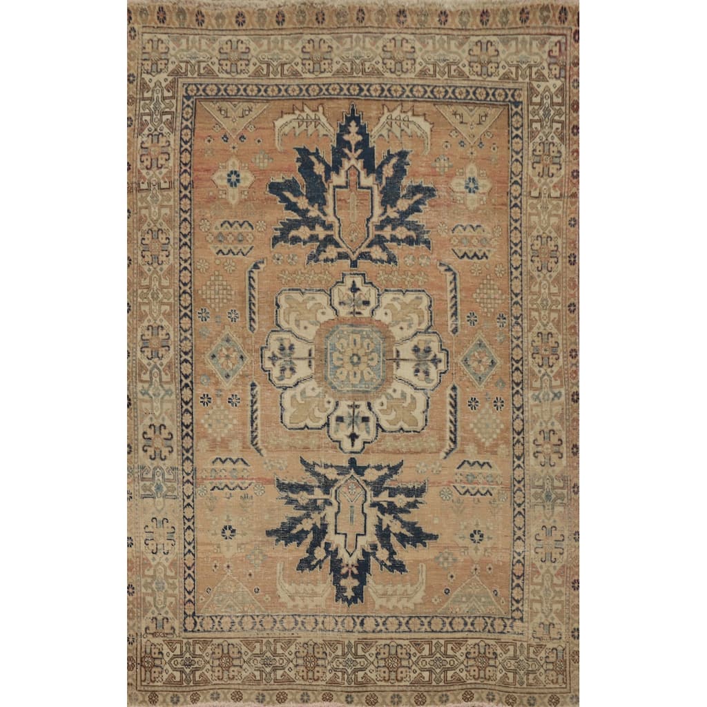 Hand Knotted Oriental 100% Wool Carpet Traditional Geometric Oranges & Rust Heriz Area Rug - 5' 9'' X 4' 2''