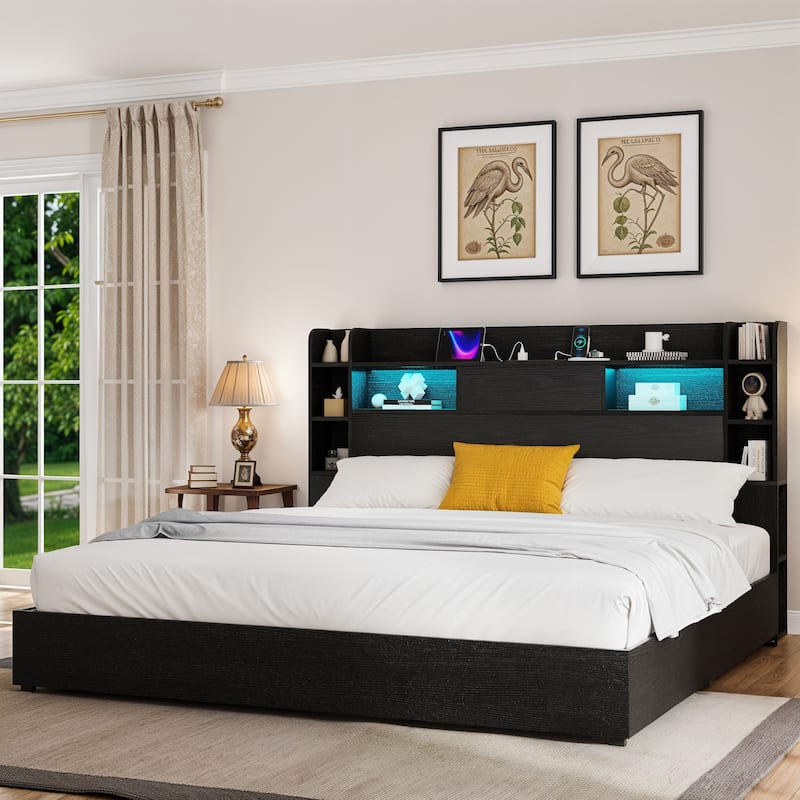 Moasis LED Bed Frame with Bookcase Headboard, 4 Storage Drawers and Type-C USB Charging Station - Black - King