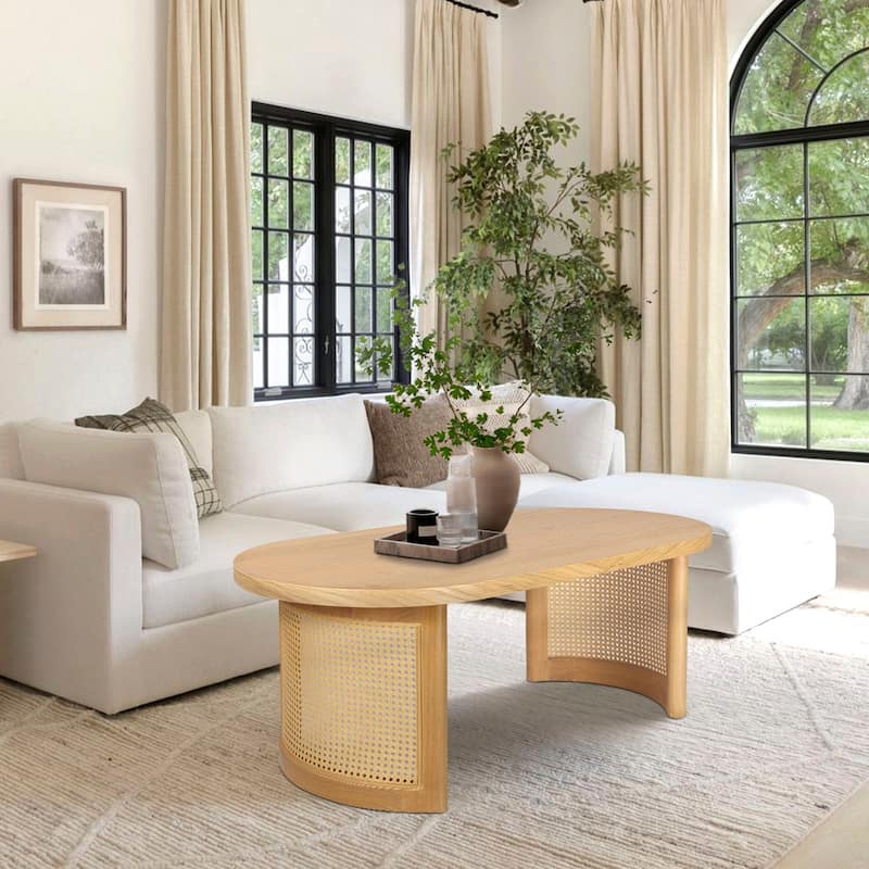 48" Oval Solid Oak Rattan Coffee Table