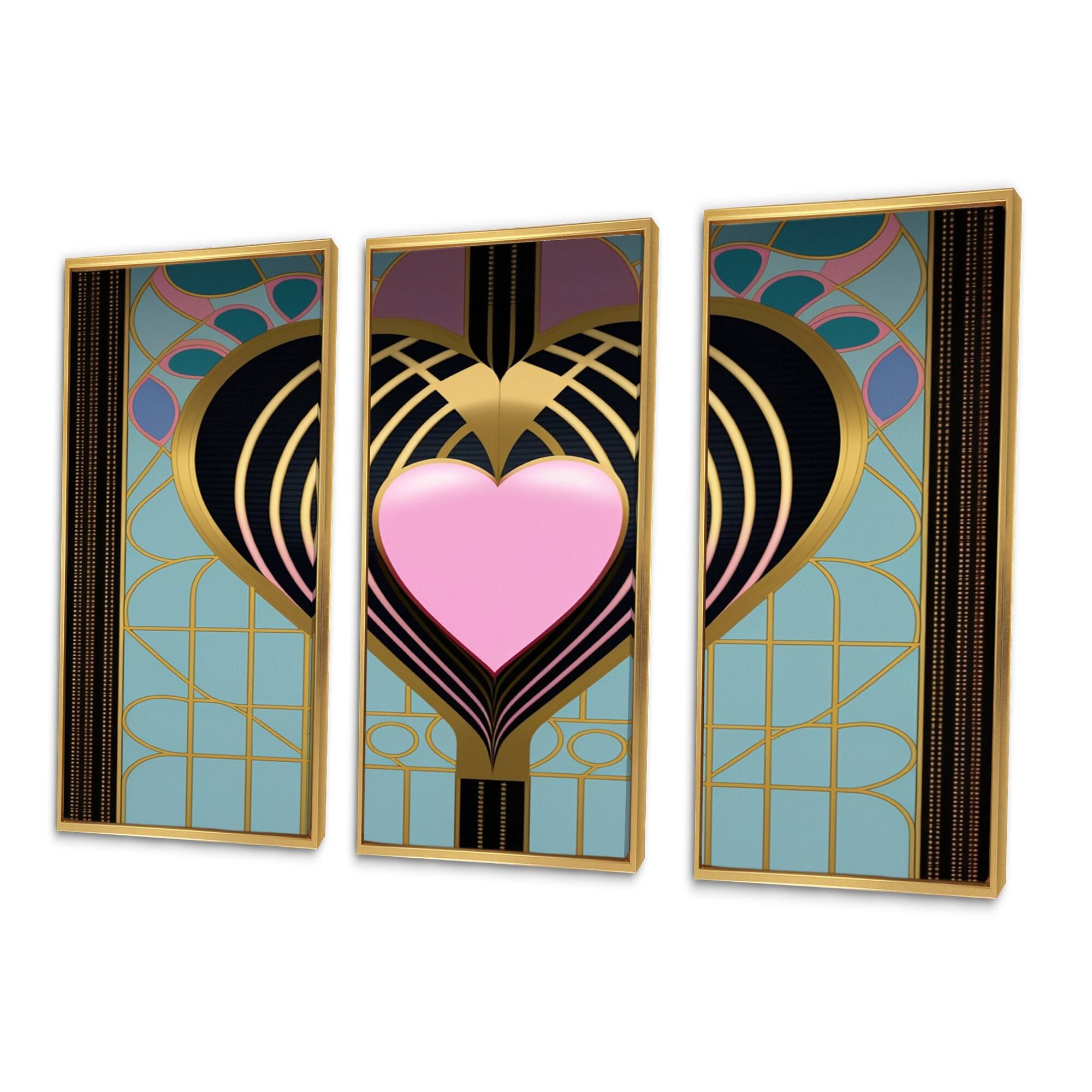 Designart “Pink And Gold Art Nouveau Heart” Romantic Abstract Framed