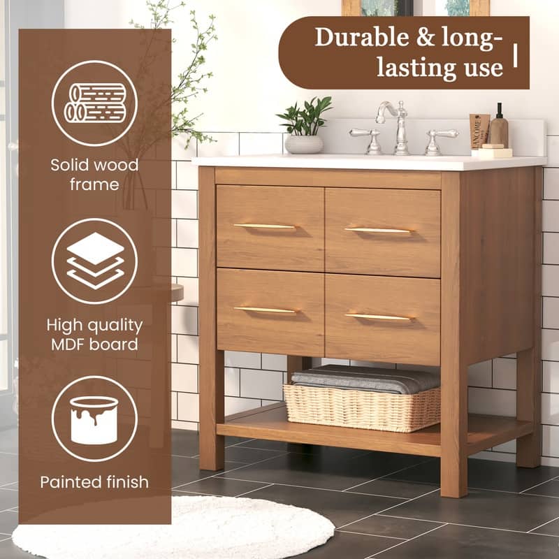 30-Inch Bathroom Vanity with Single Sink – Wood Grain Finish, Space-Saving