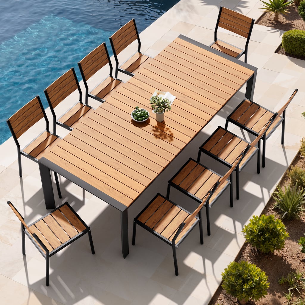 Set of 11 Outdoor Patio Dining Set WoodLike Table Top Aluminum Rectangular Umbrella Hole Table with Stackable Chairs