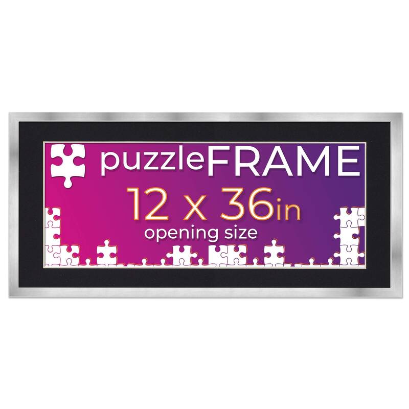 12x36 Jigsaw Puzzle Frame Kit - Kit Includes Puzzle Glue Sheets, Silver Wood Puzzle Frame with Black Mat