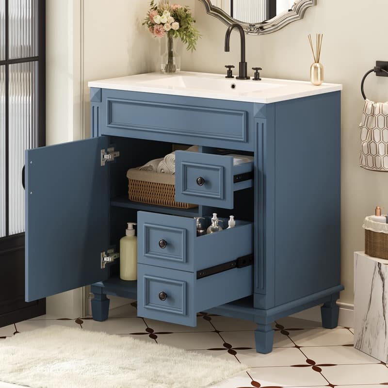 30" Bathroom Vanity with Ceramic Sink, 2 Drawers and Adjustable Shelf - Blue