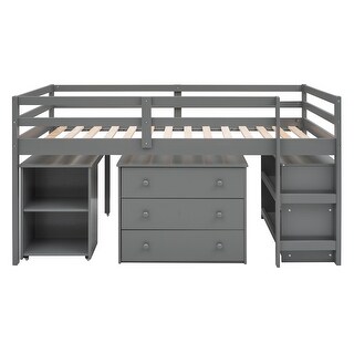 Simple Style Twin Size Wood Loft Bed with Portable Desk,Cabinet and Shelves for Storage