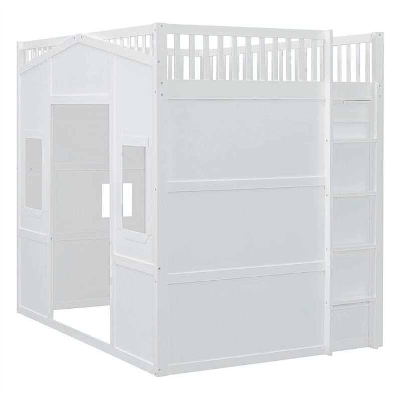 Solid Wood Loft Bed w/ Bulit-in Wardrobe, Hanging Rod & Storage Shelves, Twin/Full Size Playhouse Design Loft Bedframe w/ Window