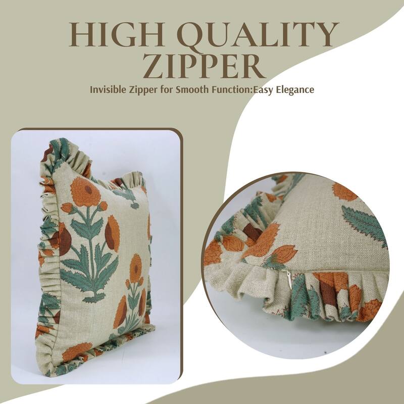 Fabdivine Orange Handmade Flower Pattern Thick Linen Block Print Pillow Cover