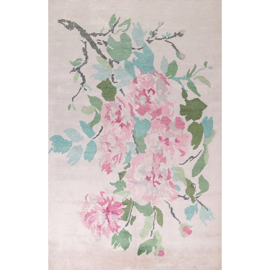 Handmade Abstract Indian Area Rug Beige Oriental Wool & Silk Carpet - 6'7"x 9'9"