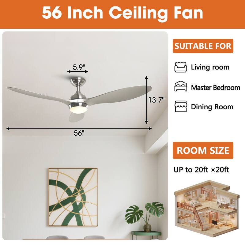 56" Nickel Modern ABS 3-Blade LED Ceiling Fan with Light and Remote