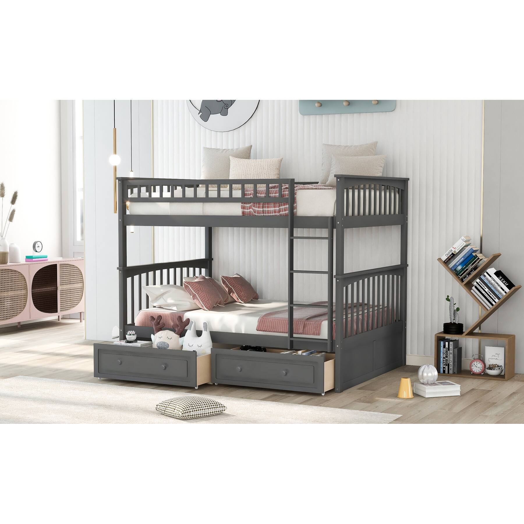 Full Over Full Bunk Bed with Drawers & Ladder, Soild Wood Bunkbed Frame