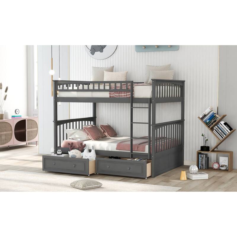 Full over Full Convertible Bunk Bed with Storage Drawers and Guardrails
