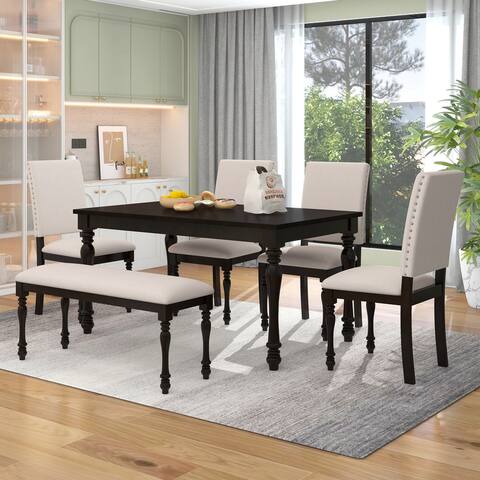 6-Piece Wood Dining Set with Rectangular Table&4 Upholstered Chairs&Bench for Dining Room, Nailheads Decor&Cylindrical Legs