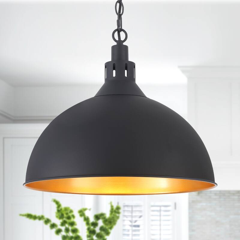 Modern Fashion Simple Black 1-Light Chandelier Height Adjustable With Metal Domed Shade - 15.75