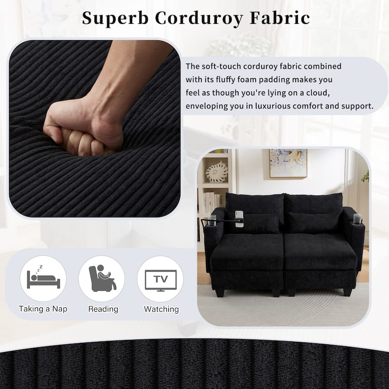 63" Convertible Chaise Lounge Chair, Corduroy Upholstered Sofa Bed with USB Ports & Cup Holders, Living Room Loveseat Sofa