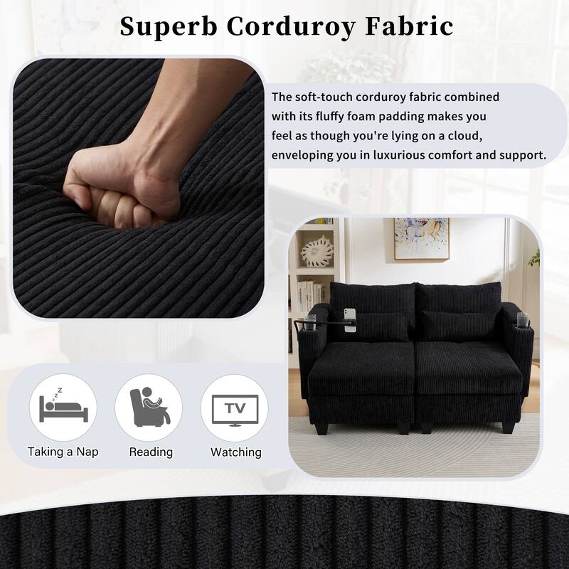 63" Convertible Corduroy Sofa Bed with USB Ports, Storage & Lumbar Pillows, Black