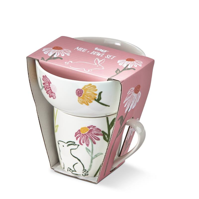 Easter Bunny with Pink and Orange Floral Print Bone China Mug & Bowl Set