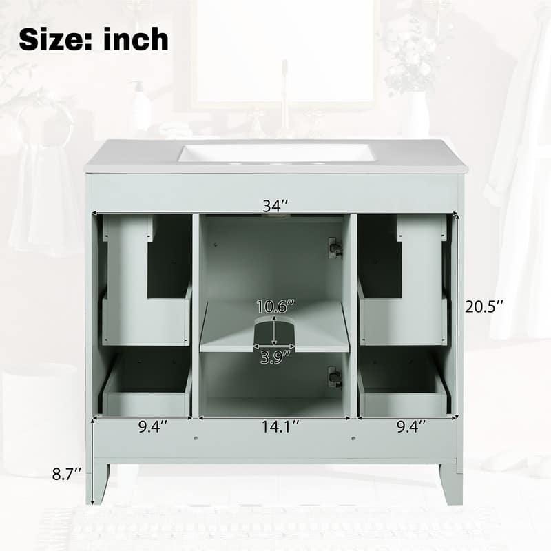 36" Green Bathroom Vanity with Ceramic Sink, Soft-Close Doors, Two Double-Layer & Two Standard Drawers, Adjustable Shelf‌