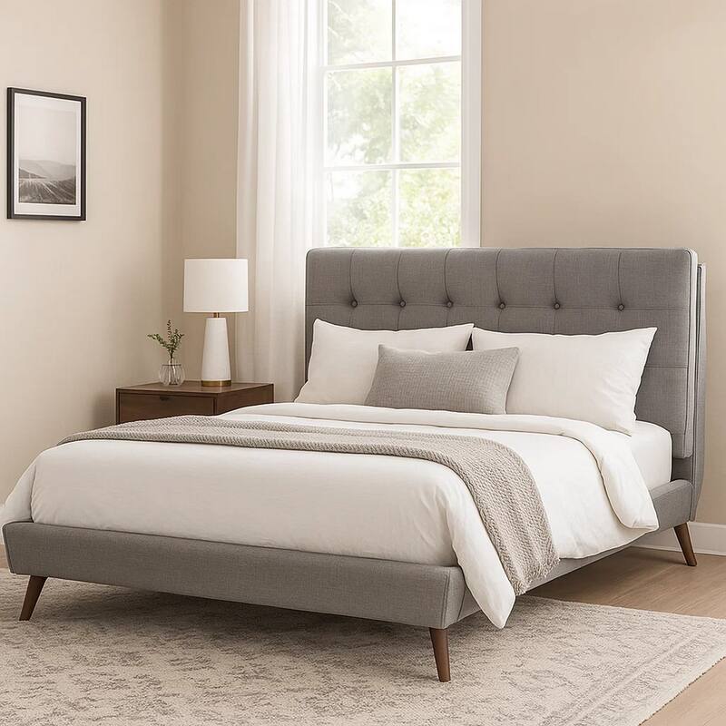 Levy Full Size Bed, Button Tufted Headboard, Modern Gray Upholstery