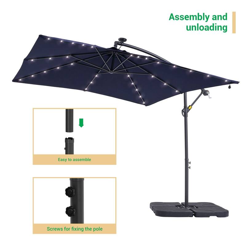 LIVOOSUN Solar Powered 8.2ft LED Patio Offset Umbrella With Base
