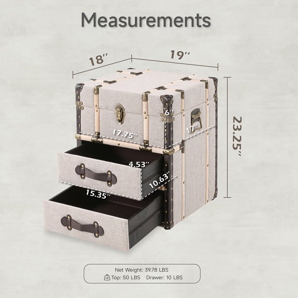 dimension image slide 1 of 3, COZAYH Vintage Nightstand with Buckle Hinged Top, Linen Accent End Side Table for Living Room, Rectangle, Grey