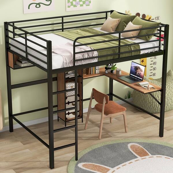 slide 2 of 13, Full Size Metal & Wood Loft Bed with L -Shaped Desk and Shelves Black