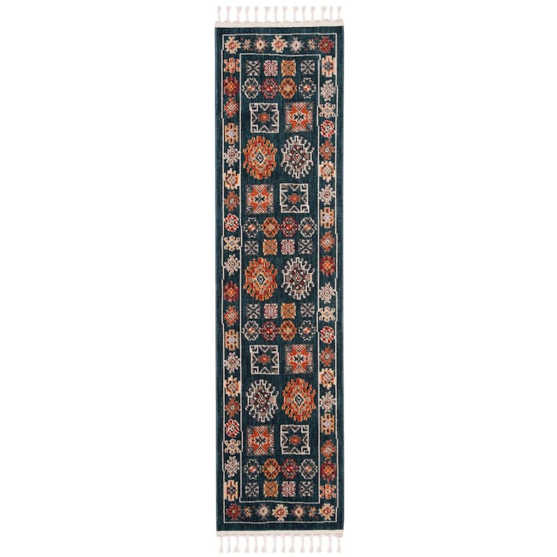 SAFAVIEH Farmhouse Sylke Boho Tribal Polyester Rug - 2'1" x 10' Runner - Navy/Orange