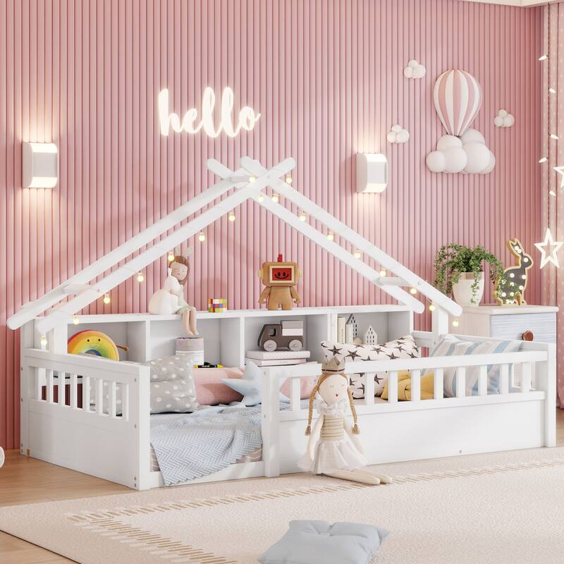 Twin/Full Floor Bed with Storage Bookshelves & Roof Shape for Kids - White - Twin