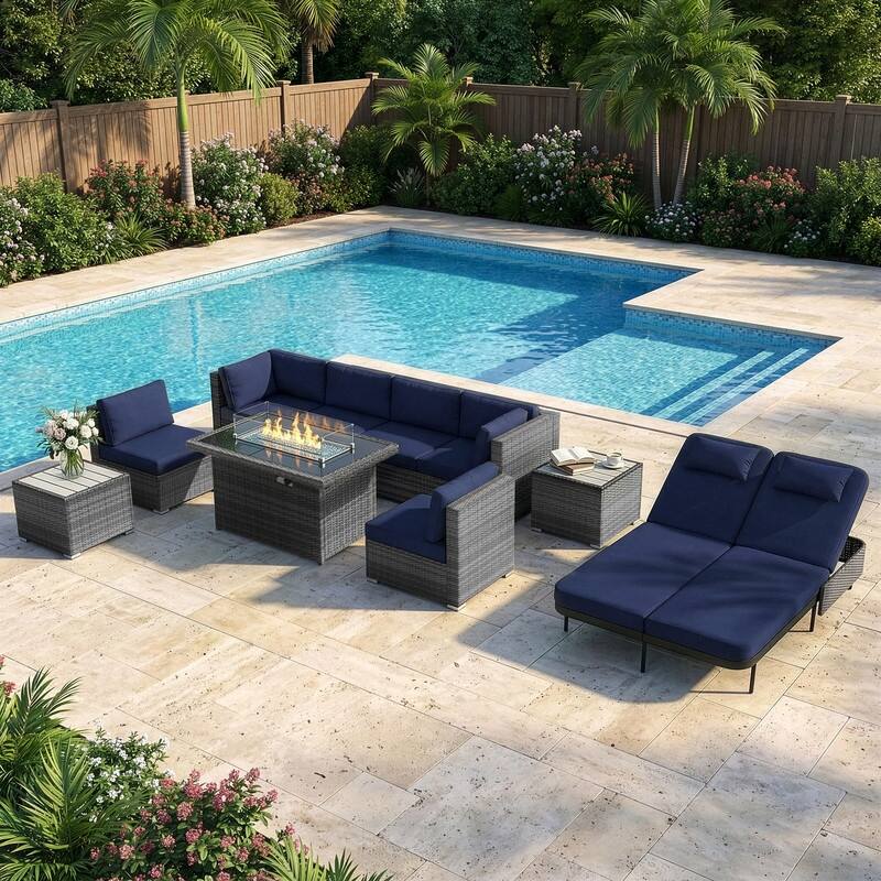 Outdoor Sectional Conversation Set PE Wicker with Double Chaise Lounge, 60,000 BTU Fire Pit Table - 10-Piece/Table - Navy