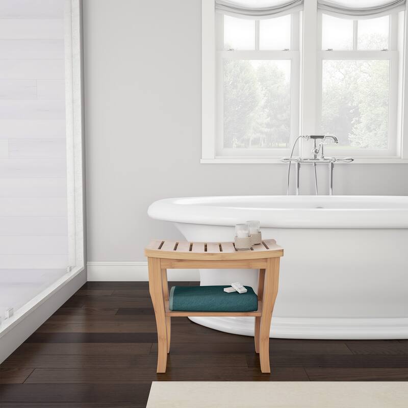 Lavish Home Deluxe Wooden Bamboo Shower Bench Spa Stool with Storage Shelf and Foot Rest Shaving Stool with Non-Slip Feet