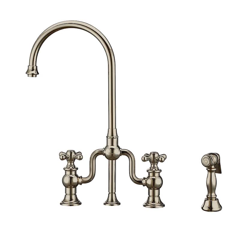 Bridge Faucet with Swivel Spout, Cross Handles and Solid Metal Side Spray