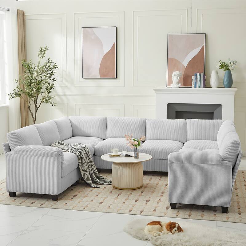 Corduroy Corner Sectional Sofas with Chaise, U-shaped Symmetrical 8-seat Modular Couch