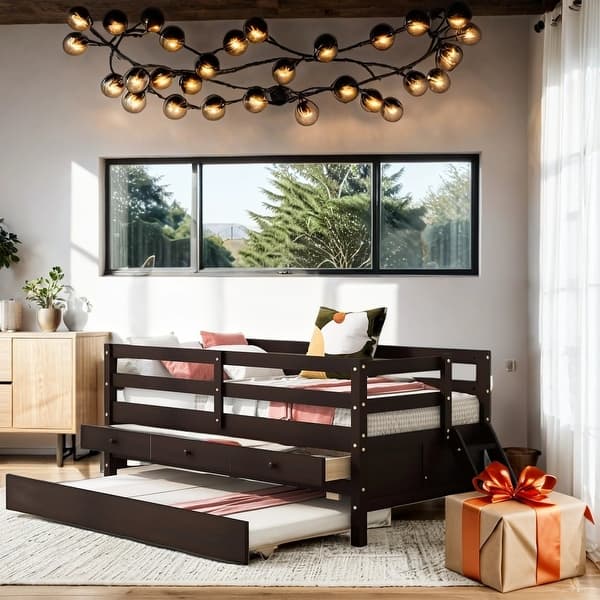 slide 2 of 13, Twin Size Low Bunk Bed with Storage Drawers and Trundle, No Box Spring Needed Espresso