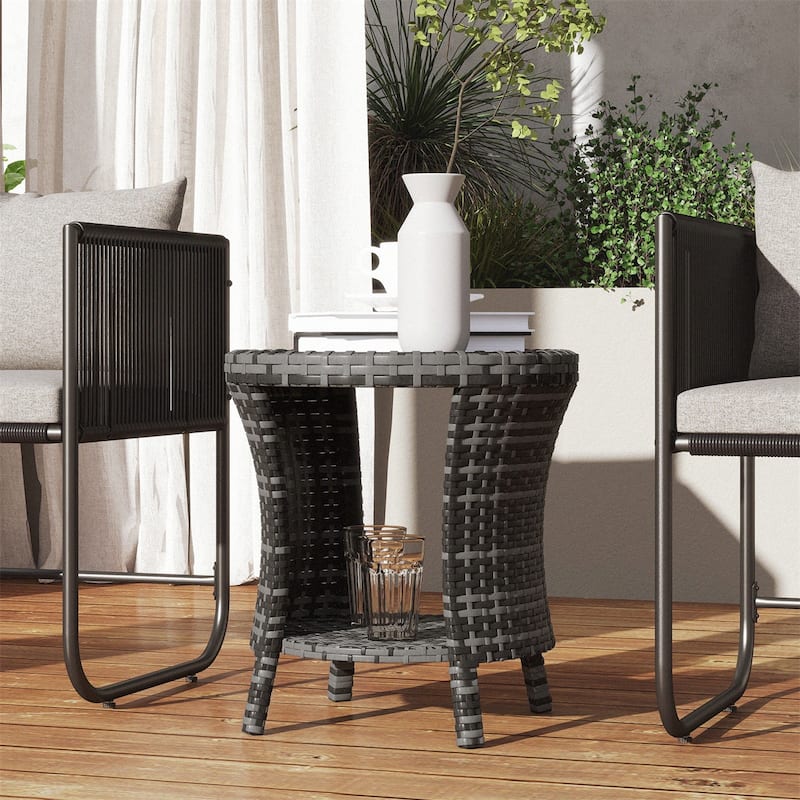 Steel PE Rattan WPC 2-Tier Hourglass Outdoor Side Table - 18.1" Dia. x 19.7" H