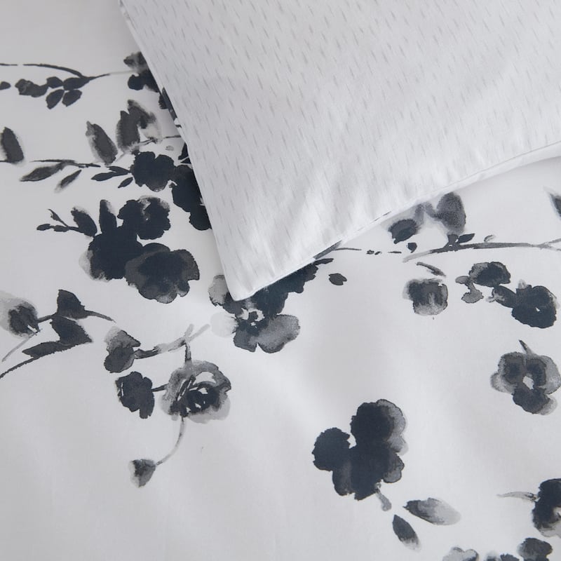 Vera Wang Noir Bouquet Botanical Print Cotton Sateen Duvet Cover Set (Grey, 3 Piece)