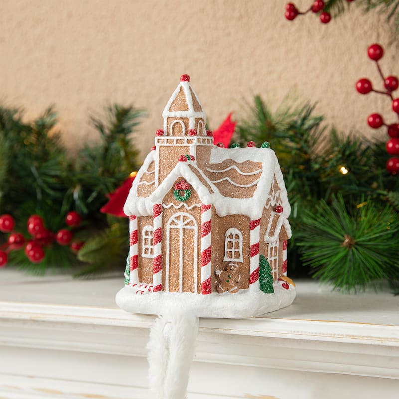 Glitzhome 2-Piece 7.75"H Resin Gingerbread House Christmas Stocking Holders with Stockings Festive Fireplace Decor