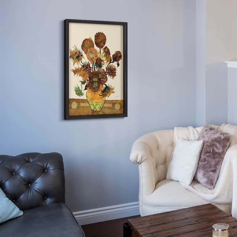 "Sunflower Embrace" Alex Zeng's Signed Hand-made Dimensional Wall Art Collage, under glass with frame