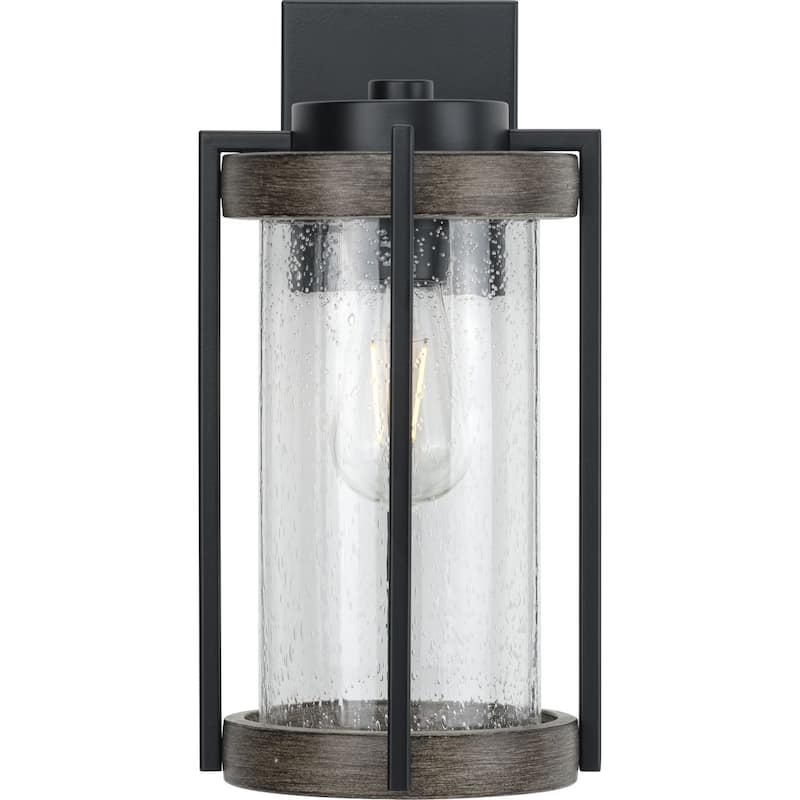 Whitmire Collection One-Light Matte Black with Aged Oak Accents Clear Seeded Glass Farmhouse Outdoor Wall Lantern Light
