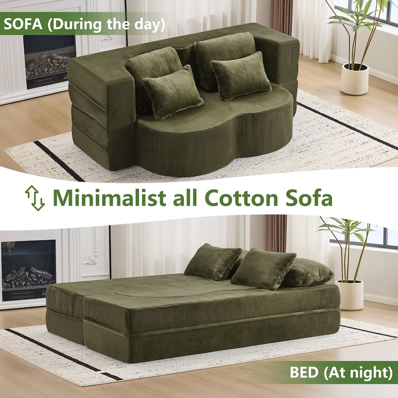 Folding Plush Futon Loveseat Couch Converts into Sleeper Sofa Bed or Yoga Mattress, High-Density Foam Queen Size Floor Bed