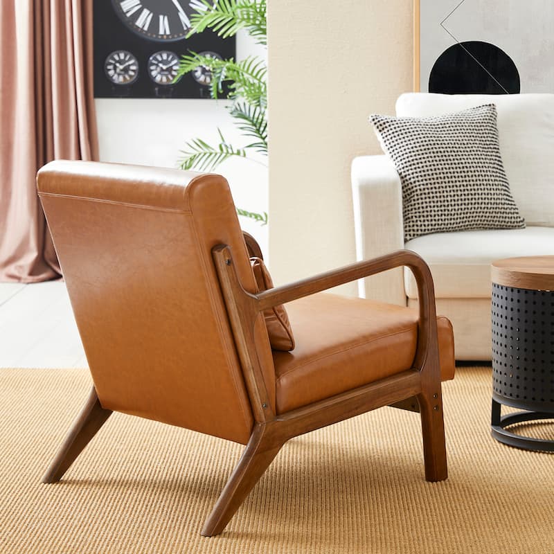 Glitzhome 30.75"H Mid-Century Modern PU Leather Armchair Accent Chair with Pillow - 25.75"W x 33.75"D x 30.75"H