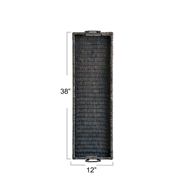 Black Rattan & Wood Tray with Handles