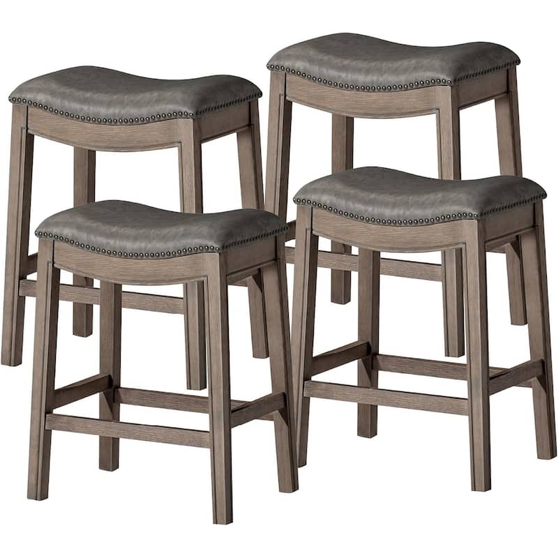 Maven Lane 26" Adrien Saddle Kitchen Counter Height Stool - Reclaimed Oak Vegan Leather - Set of 4
