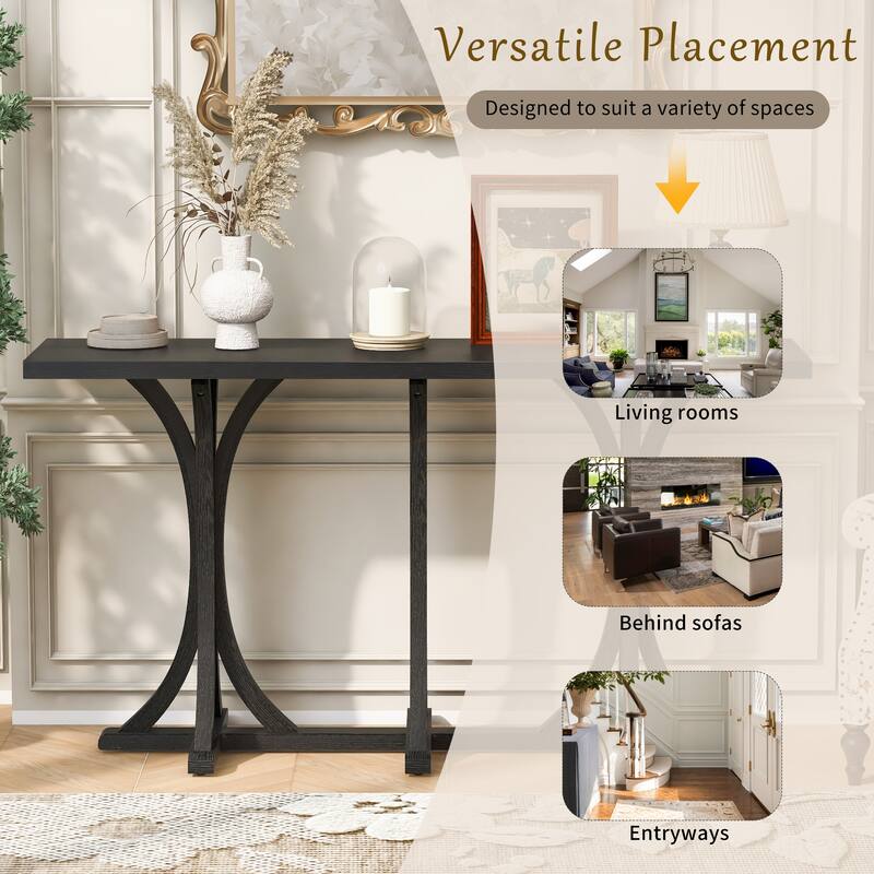 Wooden Console Table with Rectangular Oak Veneer Top, Farmhouse Entryway Table with Rubber Wood Slender Curved Legs