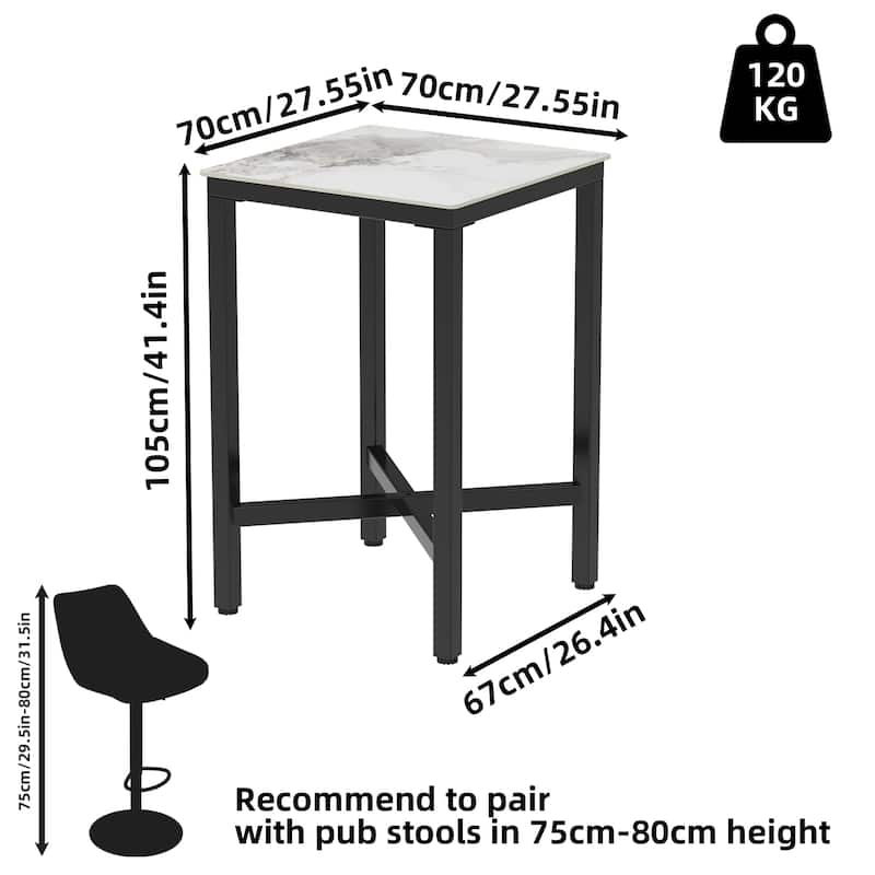 42" Tall Pub Square Bar Table Sintered Stone Top Dining Table - 28"W x 28"D x 42"H